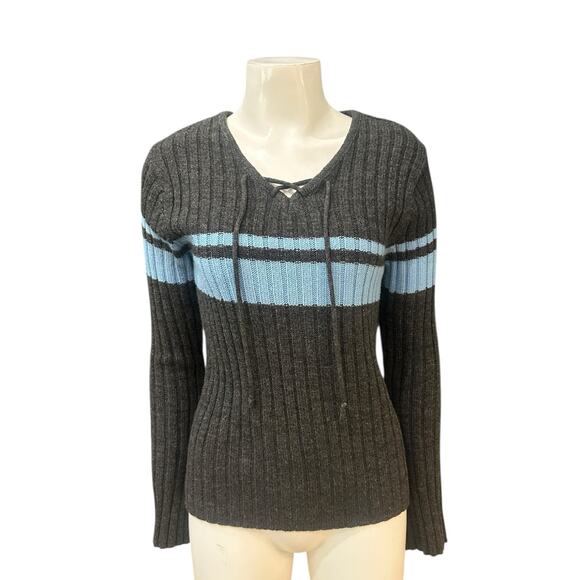 Vintage Y2K Derek Heart Ribbed Sweater Gray Blue Stripe Long Sleeve Knit – - Picture 1 of 4